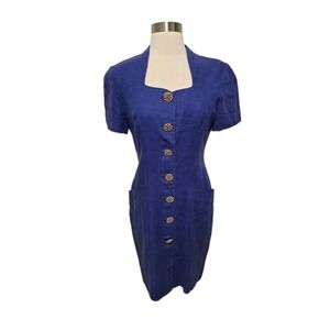 Womens 90s Vintage Sheath Dress Brass Button Front Blue Size 6 Santa Fe